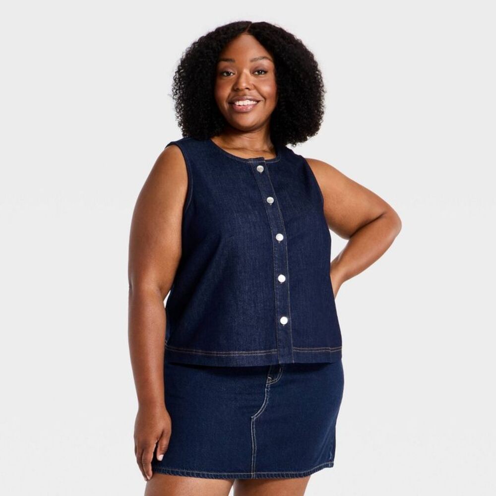 Ava & Viv Dark Blue Sleeveless Denim Button-Front Tunic